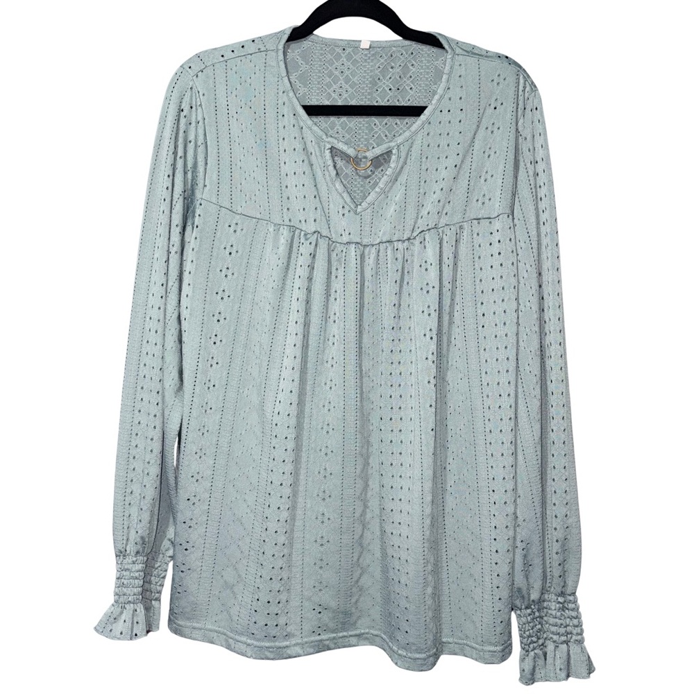 Mint Sage Green Relaxed Smocked Eyelet Blouse with Long Sleeves